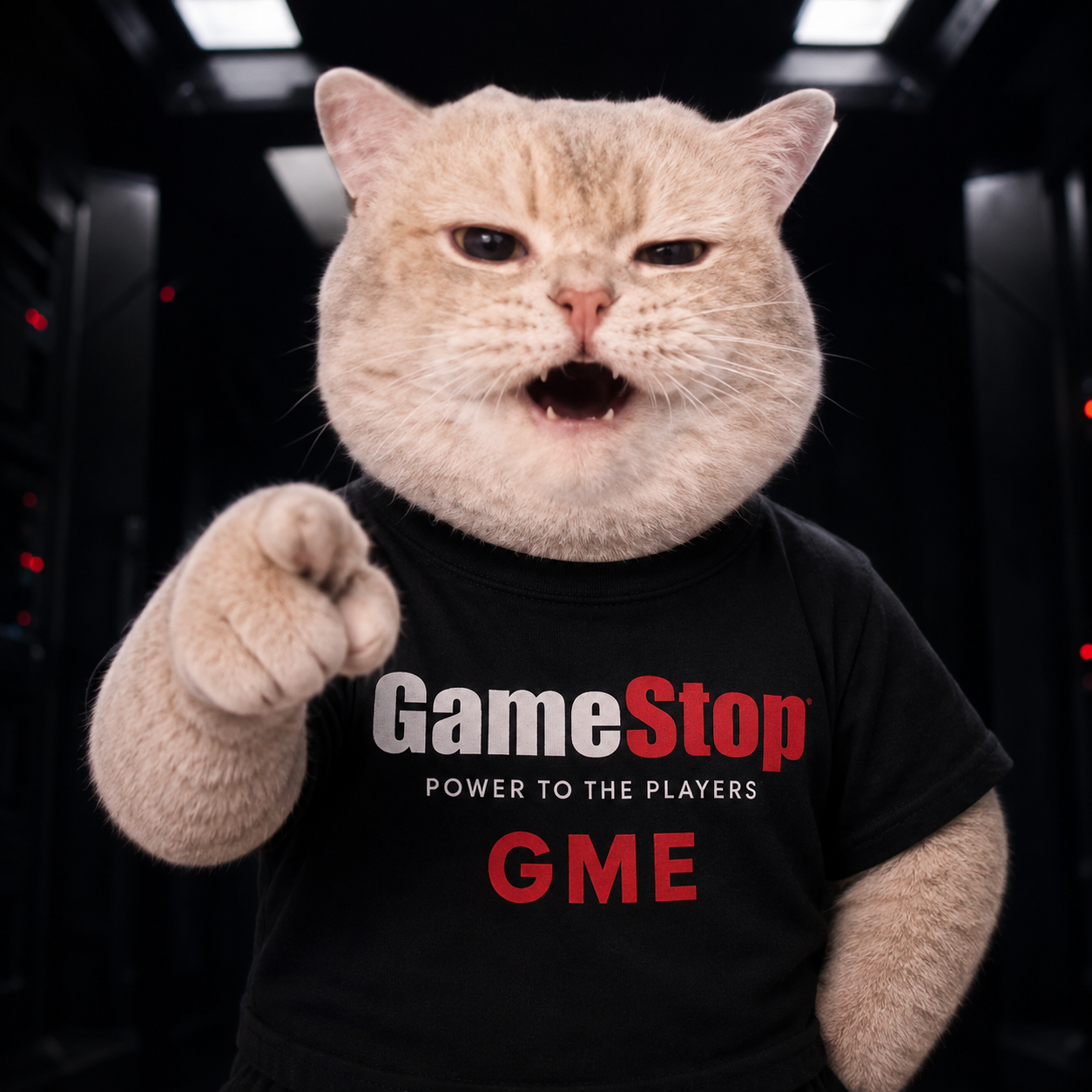 Cat wearing a GameStop GME shirt